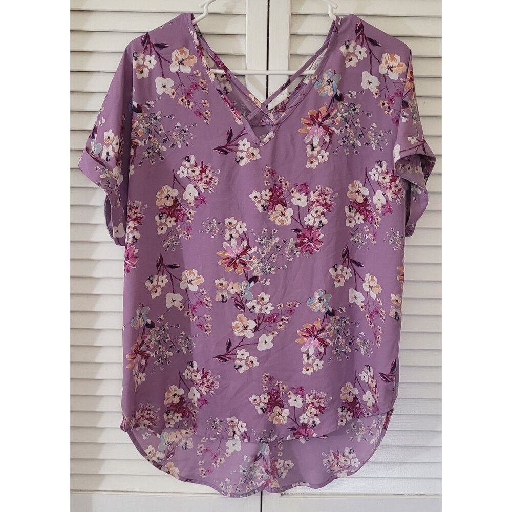Pink Rose Floral Blouse Purple V-Neck Strappy Ladder Back Top Size XL